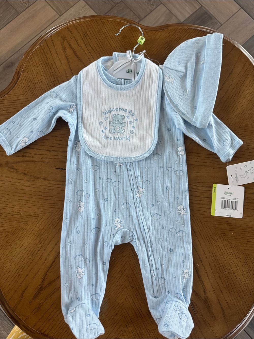 Little Me Light Blue Baby Footed One-Piece, Bib & Hat Set